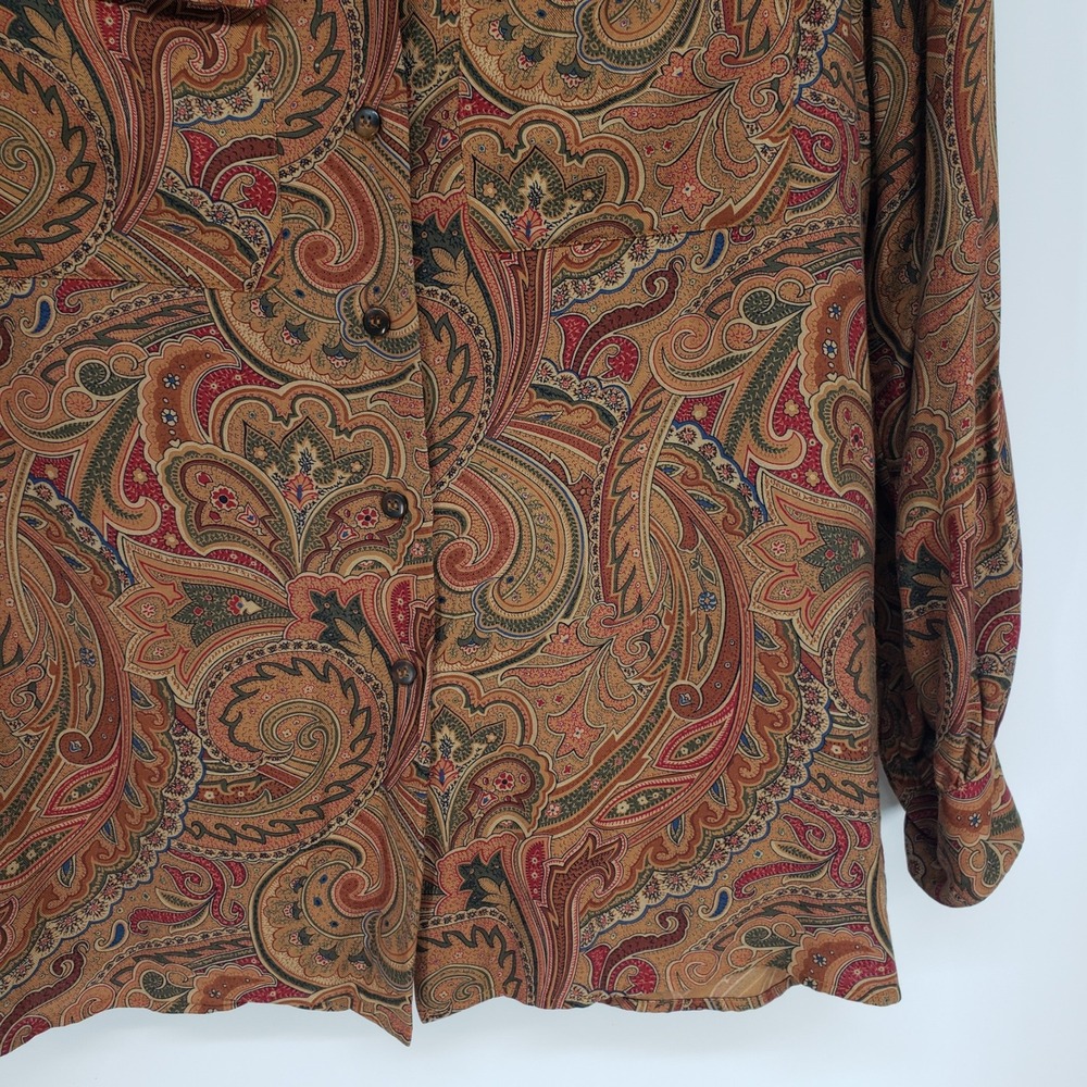 Vintage 90s Liz Claiborne Paisley Button Up Blouse Women L Brown Long Sleeve Top - Picture 4 of 7